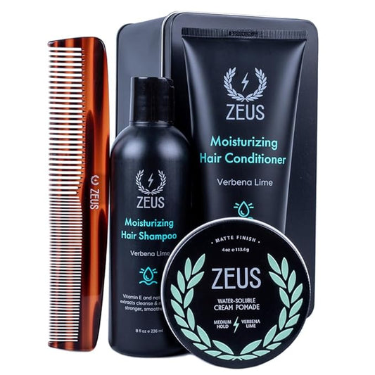 ZEUS Hair Wash & Pomade Set for Men, Moisturizing Shampoo, Hydrating Conditioner, Hair Comb & Styling Hair Pomade with Gift Tin (Cream Pomade)