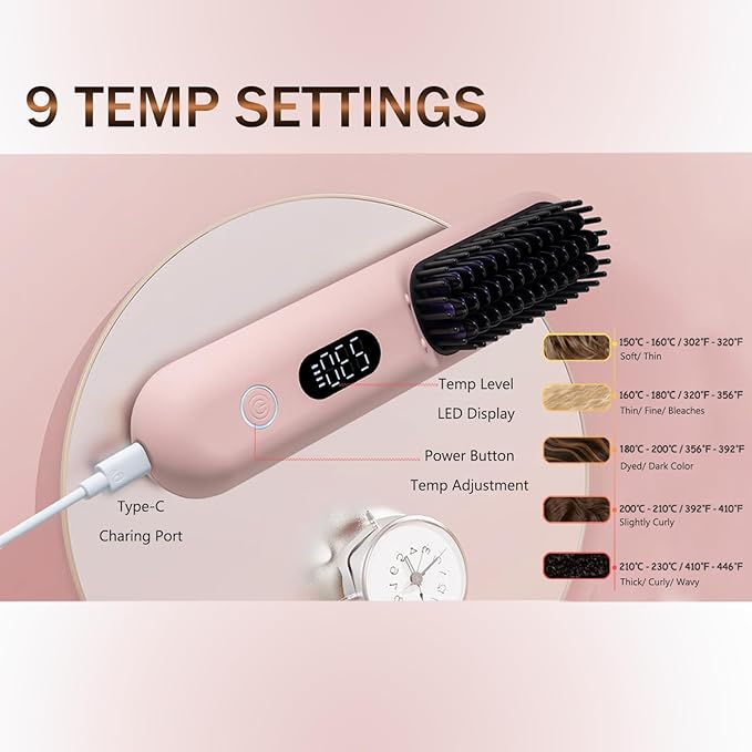 OUEST Cordless Hair Straightener Brush, Portable Mini Straightener Flat Iron, Ceramic Hot Comb with Negative Ions for Women, Lightweight Heated Hair Brush for Travel, Pink