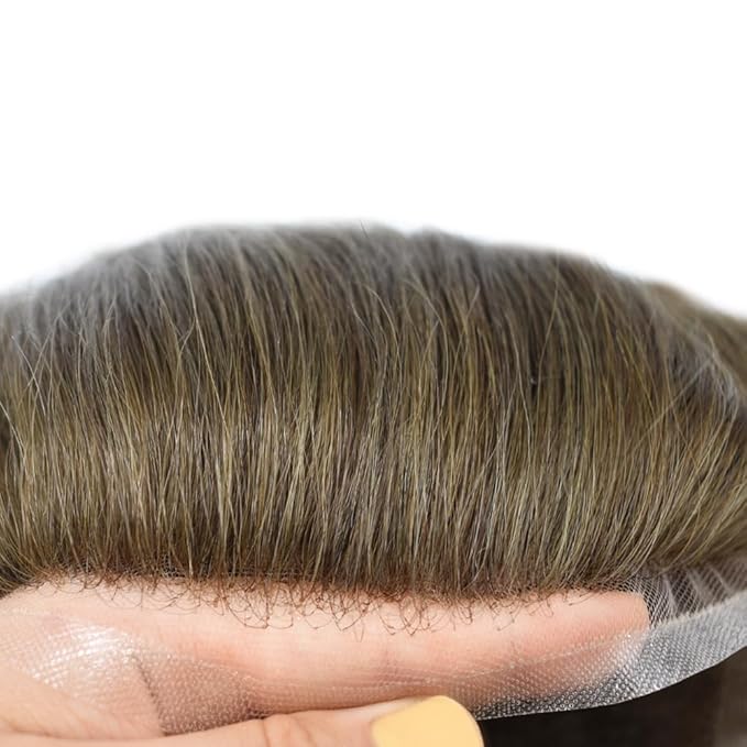 Toupee For Men Real Human Hair System For Men Full Swiss Lace Mens Toupee Lace Hair Piece For Men Hair System Bleached Knots 8x10-80% light density#510 5# MEDIUM LIGHT BROWN+10% GREY
