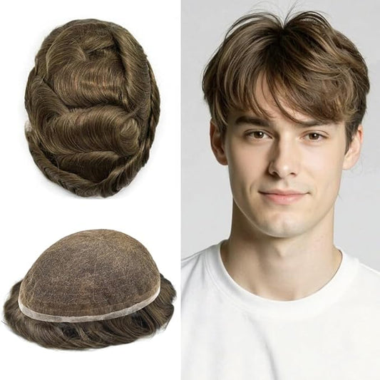 Toupee For Men Real Human Hair System Full Swiss Lace Mens Toupee Lace Hair Piece For Men Hair System Bleached Knots 8x10-90% light density5# MEDIUM LIGHT BROWN