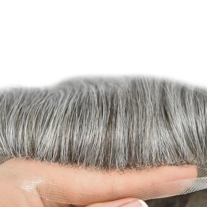 Toupee For Men Real Human Hair System For Men Full Swiss Lace Mens Toupee Lace Hair Piece For Men Hair System Bleached Knots 8x10-90% light density#360 3# DARK BROWN+60% GREY