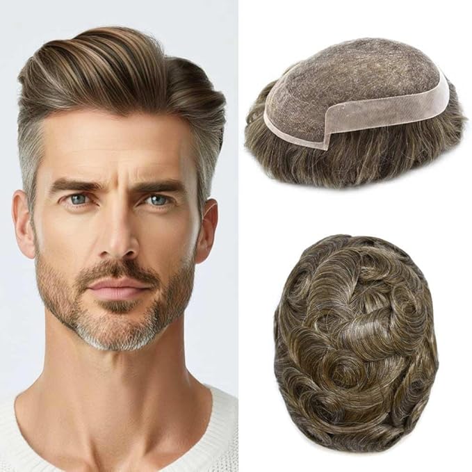 Toupee for Men Real Human Hair Swiss Lace Hairpiece for Men Hair Replacement System Poly Coated Mens Hairpieces Mens Hair System 6X8-100% Density 520# 5# MEDIUM LIGHT BROWN+20% GREY
