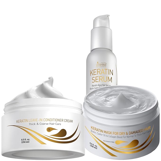 VITAMINS hair cosmetics Keratin Thick Hair Leave-In Conditioner, Thick Hair Mask & Hair Serum Kit - No Rinse Moisturizing Curl Cream, Repair for Dry Damaged Thick Coarse Hair & Anti Frizz Gloss Boost