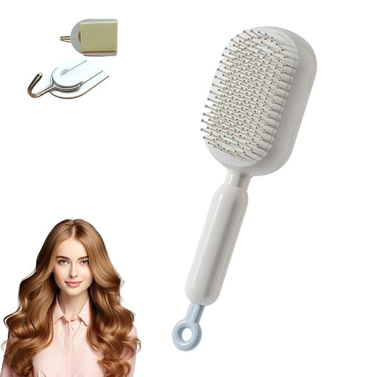 Retractable Cushion Massage Comb, Anti-Static Scalp Massager Tool, Retractable Self Cleaning Hair Brush for Women, Ergonomic Handle Hair Comb for All Types of Hairs and Wigs (White)