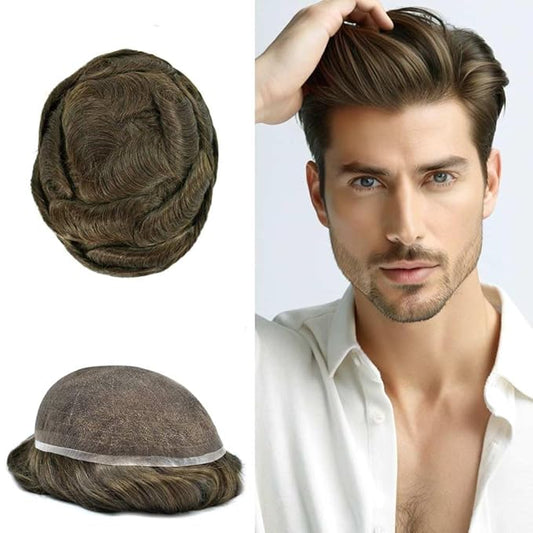 Toupee For Men Real Human Hair System Full Swiss Lace Mens Toupee Lace Hair Piece For Men Hair System Bleached Knots 6x9 Mmedium light density 4# MEDIUM BROWN
