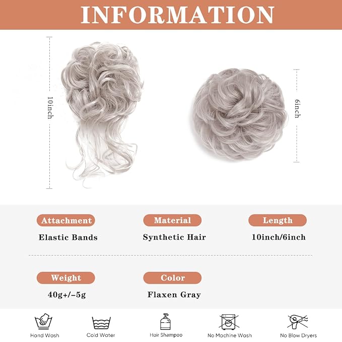 2PCS Gray Messy Bun Hair Pieces for Women Bun Updo Hair Pieces Wavy Curly Synthetic Hairpieces for Women Updos Hair Buns Scrunchies Ponytail Extension #4503 Flaxen Gray