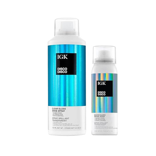 IGK Disco Disco Clear Gloss Hair Shine Spray | Full + Travel Size | Lightweight, High-Shine Finishing Hair Spray | 5.3 + 2.1 oz (Pack of 2)