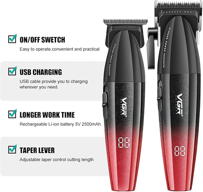 VGR Hair Clippers for Men Professional Barber Clippers and Trimmers Set, Triple Floating Blade Foil Shaver, Cordless 9000 RPM Motor Hair Cutting Kit with LED Display, V-640 & V-378 (Red)