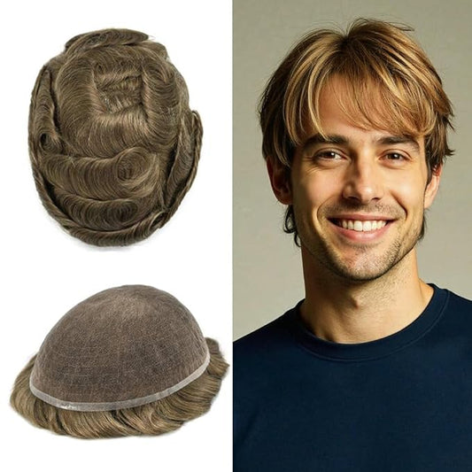 Toupee For Men Real Human Hair System Full Swiss Lace Mens Toupee Lace Hair Piece For Men Hair System Bleached Knots 7x9-90% light density18# MEDIUM BLONDE