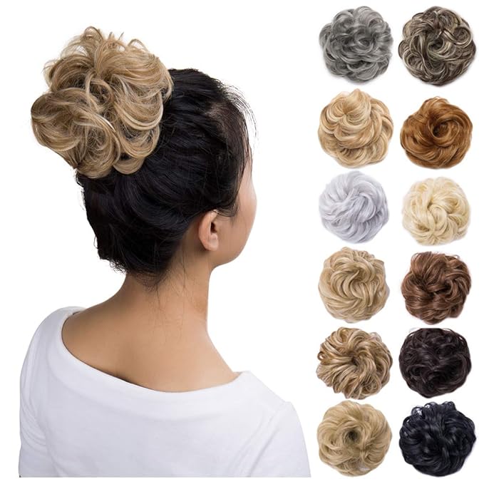 Benehair Messy Bun Hair Piece Scrunchy Updo Hair Pieces for Women Fluffy Wavy Hair Bun Scrunchies Donut Hairpiece Synthetic Chignons With Elastic Rubber Band Light Ash Brown & Bleach Blonde 2pcs 50g