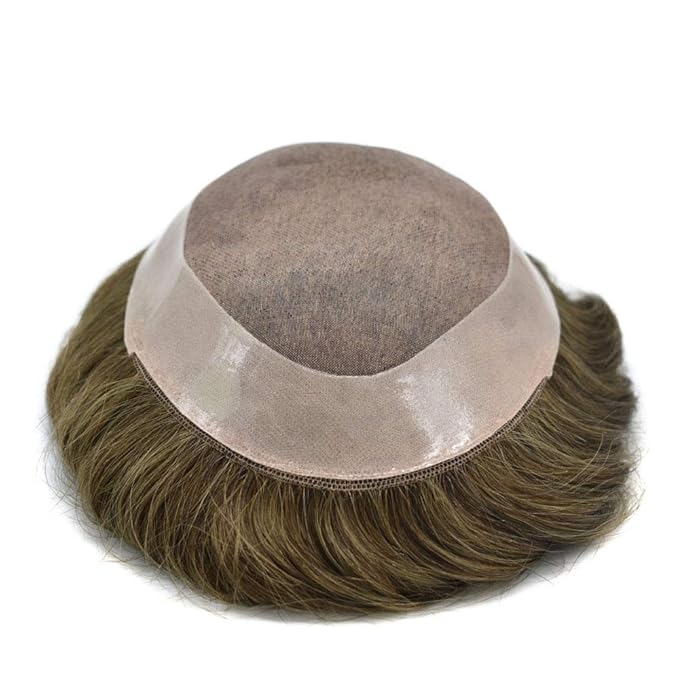 Mens Toupee Human Hair System Durable Fine Mono Lace Men Replacement PU Poly Skin Around Light to Medium Density Wig Hairpiece (6"X9", 17 Dark Ash Blonde)