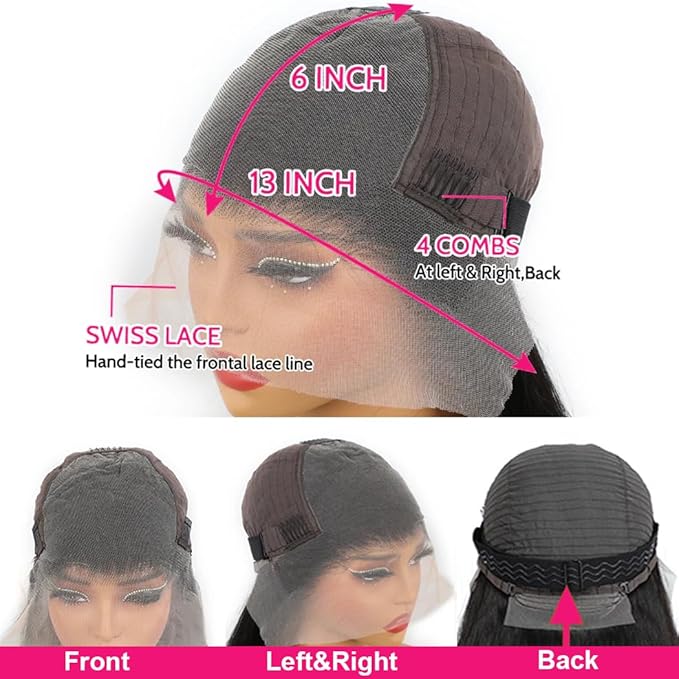 13x6 HD Lace Front Wigs Human Hair for Black Women Glueless Wigs Human Hair Pre Plucked with Baby Hair Straight Lace Frontal Wigs Human Hair for Black Women with Removable Elastic Black Band 22 Inch