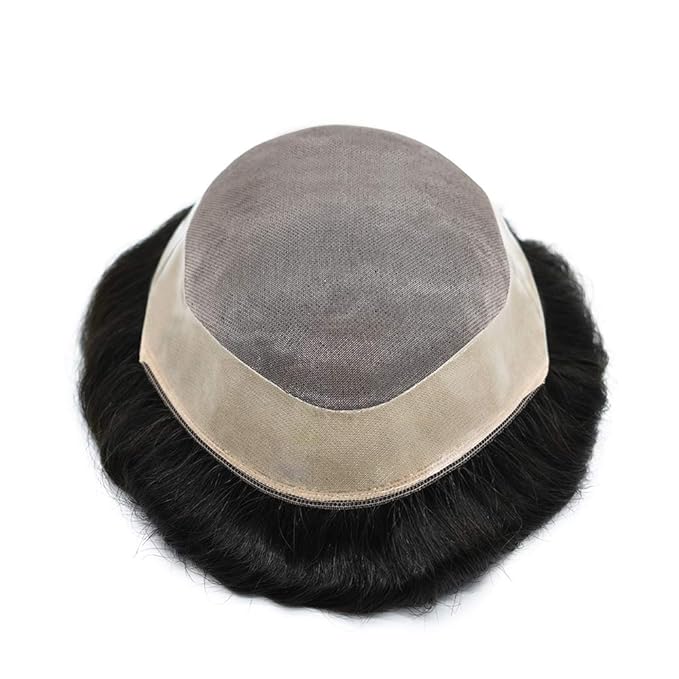 Mens Toupee Human Hair System for Men Durable Fine Mono Lace Men Replacement PU Poly Skin Around Light to Medium Density Wig Hairpiece (6"X8", 1B60 Off Black with 60% gray hair)