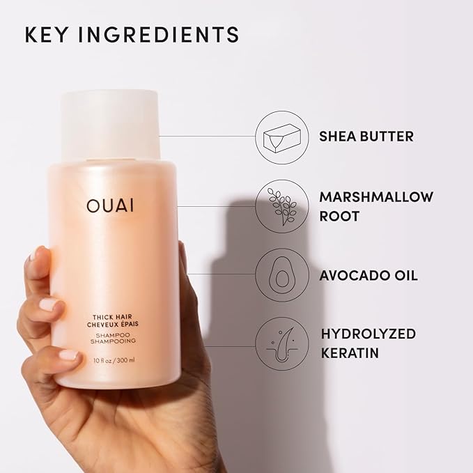 OUAI Thick Shampoo - Moisturizing Shampoo with Keratin, Marshmallow Root, Shea Butter, Avocado Oil for Thick Hair - Strengthens & Hydrates Strands - Paraben, Phthalate & Sulfate Free (10 Fl Oz)