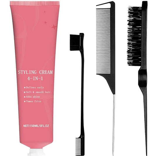 4-in-1 Styling Cream Set with 3 Pcs Slick Back Hair Brush, Smooth Sleek Hair Tamer Set for Defines Curls, Smooths Frizz & Adds Shine 5 fl oz