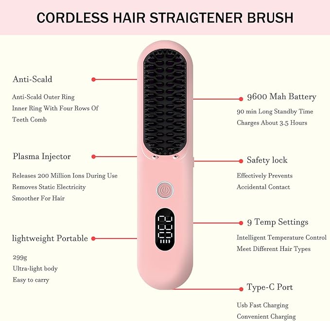 OUEST Cordless Hair Straightener Brush, Portable Mini Straightener Flat Iron, Ceramic Hot Comb with Negative Ions for Women, Lightweight Heated Hair Brush for Travel, Pink