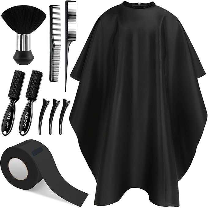 NICEMOVIC 10 in 1 Hair Cutting Barber Cape with Neck Duster Brush Barber Brush Neck Strips Hair Combs Hair Clips, Professional Barber Accessories Cleaning Supplies for Salon Haircut Styling (Black)