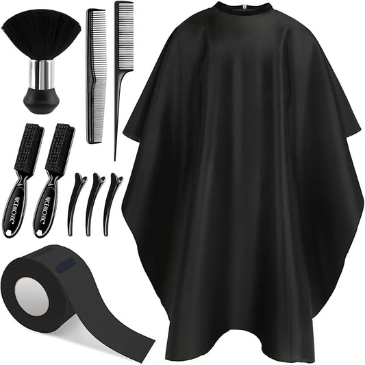 NICEMOVIC 10 in 1 Hair Cutting Barber Cape with Neck Duster Brush Barber Brush Neck Strips Hair Combs Hair Clips, Professional Barber Accessories Cleaning Supplies for Salon Haircut Styling (Black)