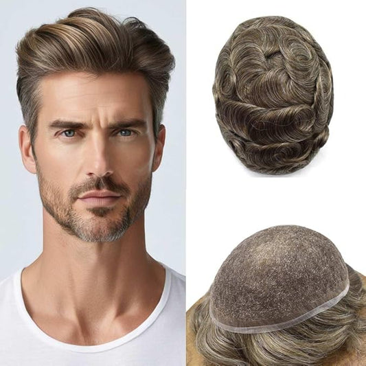 Toupee For Men Real Human Hair System For Men Full Swiss Lace Mens Toupee Lace Hairpiece For Mens Hair System 8x10 120% Medium light density #540 5# MEDIUM LIGHT BROWN+40% GREY