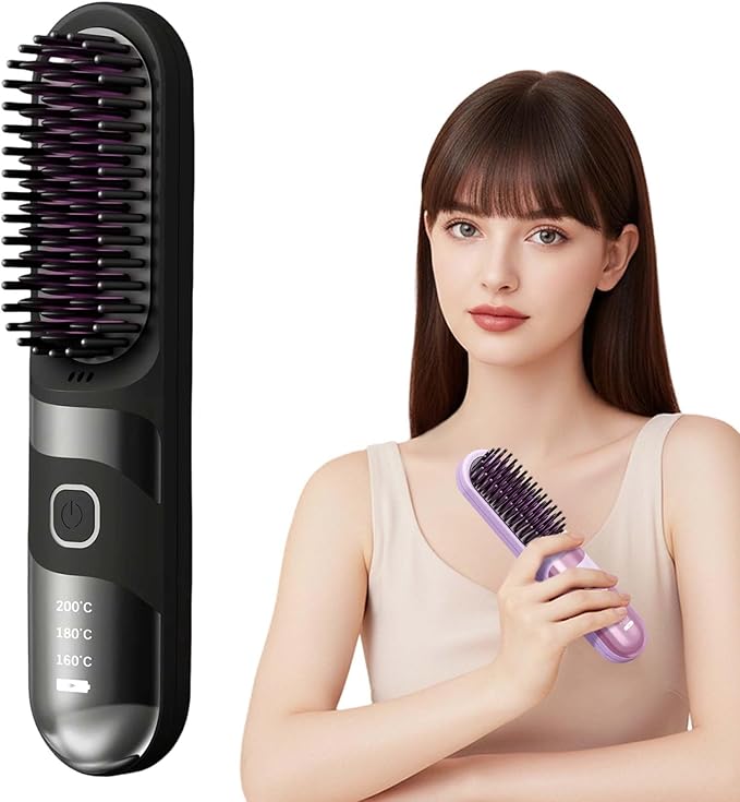 Cordless Hair Straightener Brush, 2026 Updated Mini Portable Hair Straightener for Travel, Fast Heating Straightening Brush, USB Ceramic Electric Hair Comb for Women Straightening and CurlingBlack