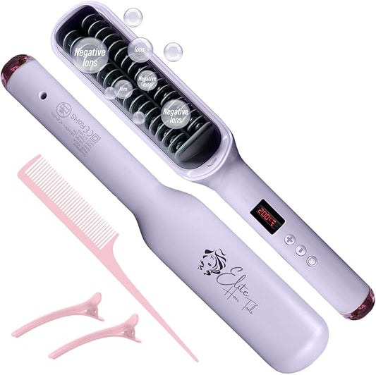Hair Straightener Dual Brush Head - Straighten Frizzy Hair w Ease — Titanium Ionic Comb with 17 Temp Settings w LCD Display - Fast Heating, Salon-Quality Styling Tool for Women, Lavender-Royal