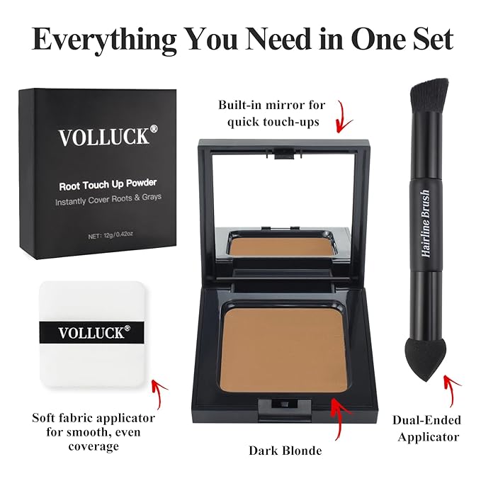VOLLUCK Root Touch up Powder, Long-lasting Gray Hair Cover up Powder for All Hair Types, Waterproof for Women and Men (Dark-Blonde, 0.42 0unce)