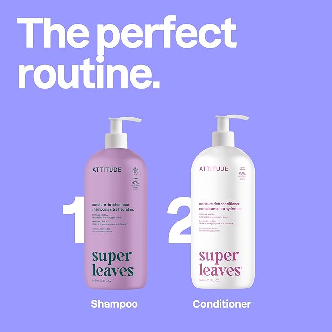 ATTITUDE Moisture Rich Hair Shampoo, EWG Verified, For Dry and Damaged Hair, Naturally Derived Ingredients, Vegan and Plant Based, Quinoa and Jojoba, 32 Fl Oz (Pack of 6)