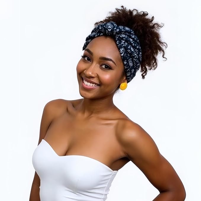 1 Pack Boho Headbands Stretch Paisley Print Bandana Headband Criss Cross Hair Bands Knotted Head Wrap Yoga Daily for Women and Girls (Black Ornate)