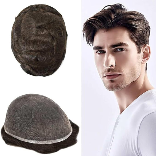 Toupee For Men Real Human Hair System Full Swiss Lace Mens Toupee Lace Hair Piece For Men Hair System Bleached Knots 6x9 Mmedium light density 3# DARK BROWN