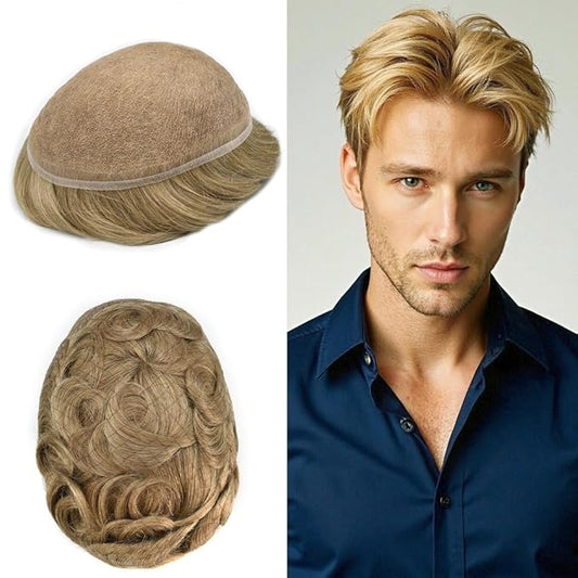 Toupee For Men Real Human Hair System Full Swiss Lace Mens Toupee Lace Hair Piece For Men Hair System Bleached Knots 7x9-80% light density#2010 20# LIGHT ASH BLONDE+10% GRYE