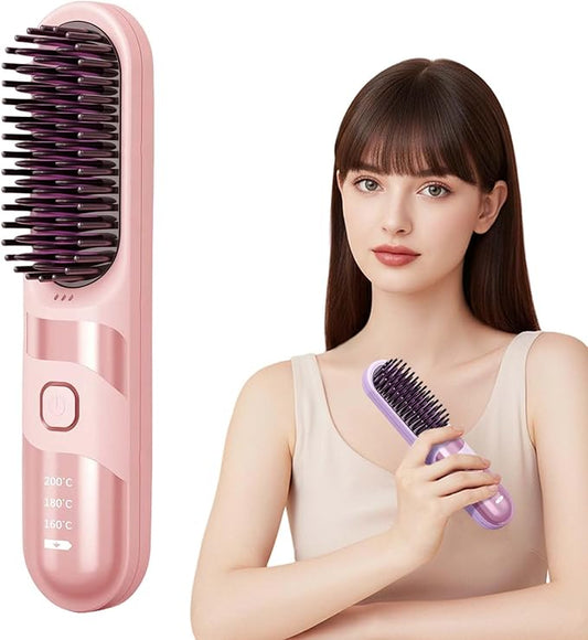 Cordless Hair Straightener Brush, 2026 Updated Mini Portable Hair Straightener for Travel, Fast Heating Straightening Brush, USB Ceramic Electric Hair Comb for Women Straightening and Curling(Pink)