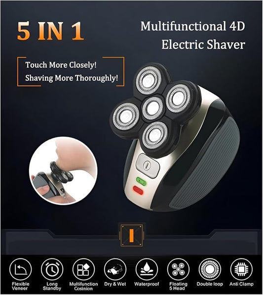 Five in one Razor USB Charging Cable, Instruction Manual, Cleaning Brush, Silicone Head, Barber Head, face wash Head, Nose Hair Device, Shaver 5 Knife Head, Limit Comb