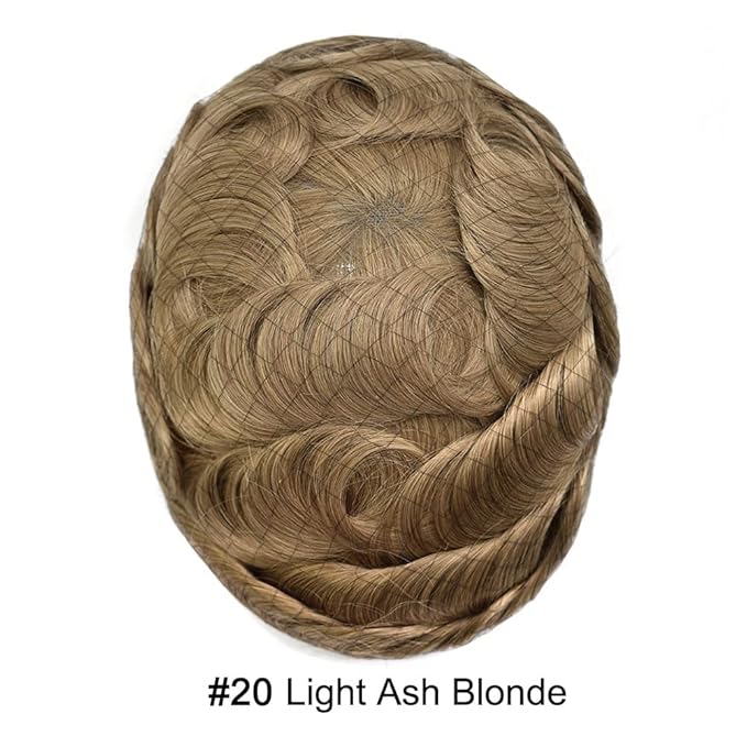 Mens Toupee Human Hair System Durable Fine Mono Lace Men Replacement PU Poly Skin Around Light to Medium Density Wig Hairpiece (6"X9", 20 Light Ash Blonde)