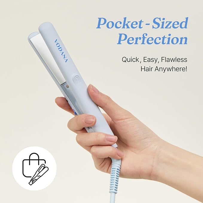 VODANA Pocket Mini Flat Iron, Travel Hair Straightening Iron, Pouch Included, Small Lightweight (Creamy Blue)