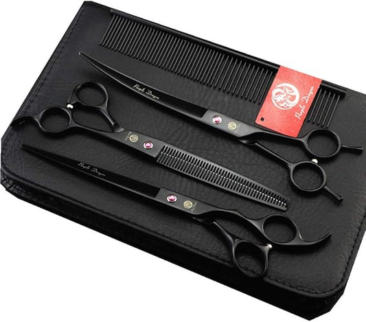 Purple Dragon 8.0 inch Dog Hair Cutting, Curved and Thinning Scissors Shear Pet Grooming Tool Kit