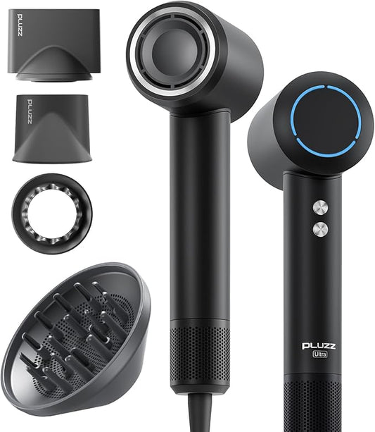 PLUZZ Professional Hair Dryer with Diffuser for Curly Hair, 400M Negative Ionic Blow Dryer for Fast Drying, 120,000 RPM High-Speed Brushless Motor, Low Noise Lightweight, Travel-Friendly (Black)