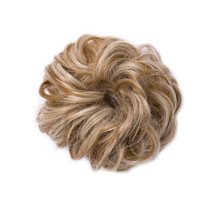 Benehair Hair Bun Hairpiece Scrunchy Updo Hair Pieces Fluffy Scrunchies Donut Hairpiece Synthetic Curly Wavy Messy Chignons With Elastic Rubber Band Light Ash Brown & Bleach Blonde-Thicker 2pcs 70g