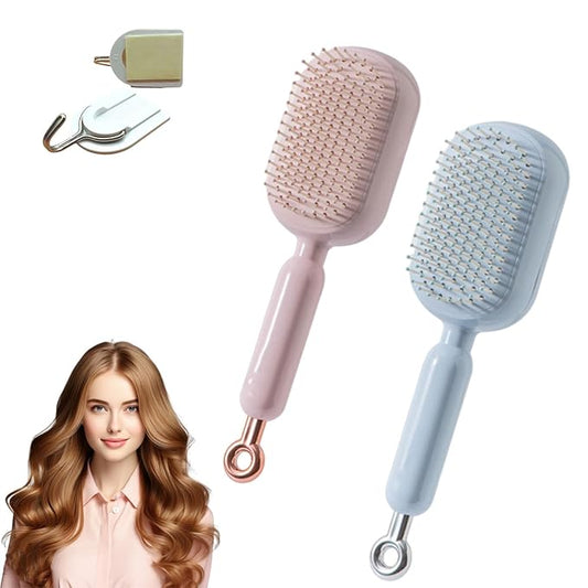 Retractable Cushion Massage Comb, Anti-Static Scalp Massager Tool, Retractable Self Cleaning Hair Brush for Women, Ergonomic Handle Hair Comb for All Types of Hairs and Wigs (Pink+Blue)