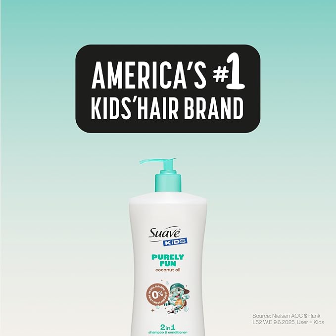 Suave Kids Purely Fun 2 in 1 Shampoo and Conditioner with Coconut Oil, Tear-Free, Hypoallergenic, Gentle Hair Care for Kids with Sensitive Scalps, 6 Count, 28 FL OZ