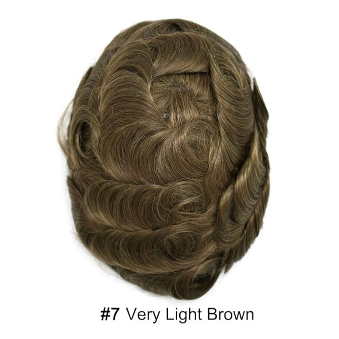 Mens Toupee Human Hair System Durable Fine Mono Lace Men Replacement PU Poly Skin Around Light to Medium Density Wig Hairpiece (6"X9", 7 Very Light Brown)