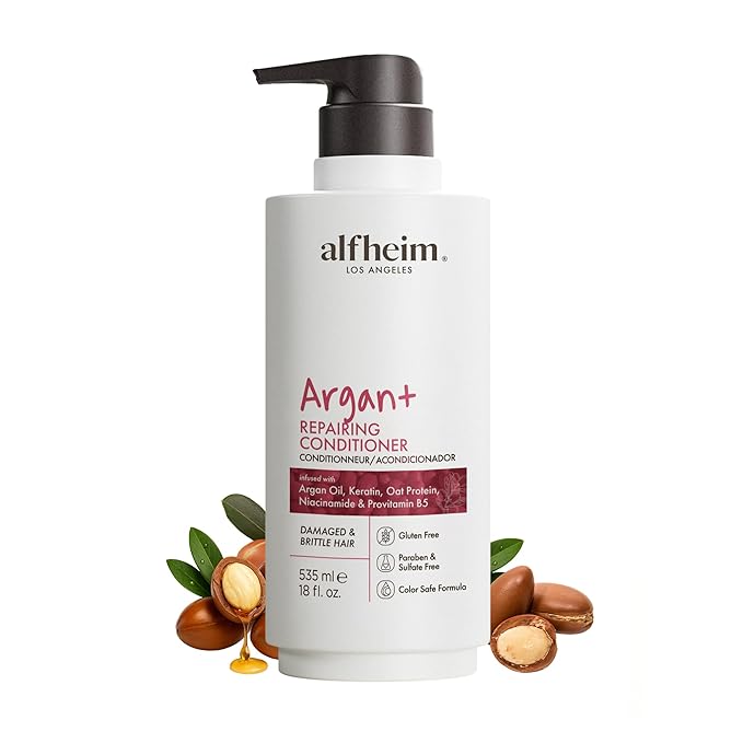 ALFHEIM Argan+ Repairing Conditioner for Dry, Damaged & Frizzy Hair with Moroccan Argan Oil, Keratin, Oat Protein – Deep Moisture, Repair, Detangling & Shine Boost – Color Safe, Sulfate Free – 18 oz