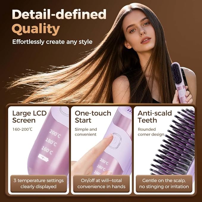 Cordless Hair Straightener Brush, 2026 Updated Mini Portable Hair Straightener for Travel, Fast Heating Straightening Brush, USB Ceramic Electric Hair Comb for Women Straightening and CurlingBlack