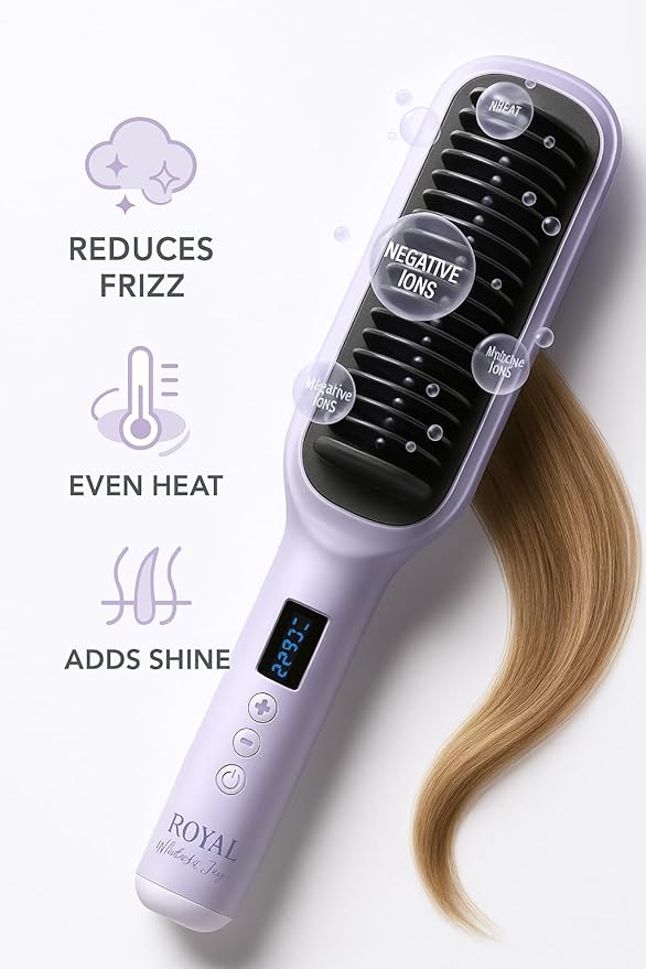 Hair Straightener Dual Brush Head - Straighten Frizzy Hair w Ease — Titanium Ionic Comb with 17 Temp Settings w LCD Display - Fast Heating, Salon-Quality Styling Tool for Women, Lavender-Royal