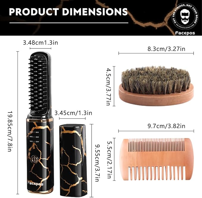 Wireless Electric Heated Beard Straightener Set-FACEPOS Elegant Crackle Pattern Design + Bonus Beard Brush & Wooden Comb for Perfect Grooming