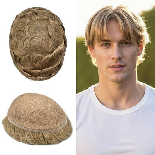 Toupee For Men Real Human Hair System Full Swiss Lace Mens Toupee Lace Hair Piece For Men Hair System Bleached Knots 8x10-90% light density20# LIGHT ASH BLONDE