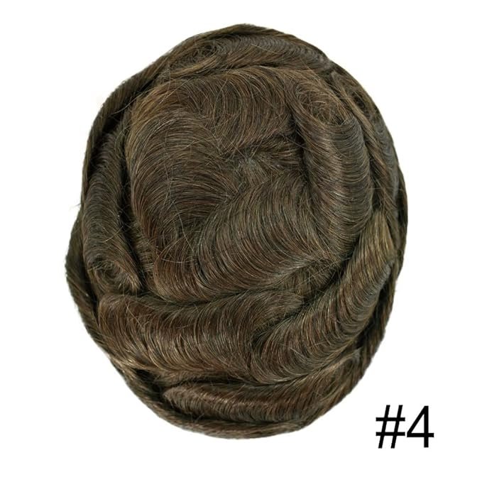 Mens Toupee Human Hair System Durable Fine Mono Lace Men Replacement PU Poly Skin Around Light to Medium Density Wig Hairpiece (6"X9", 4 Medium Brown)