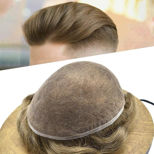 Toupee For Men Real Human Hair System For Men Full Swiss Lace Mens Toupee Lace Hair Piece For Men Hair System Bleached Knots 8x10 120%Medium light density #1810 18# MEDIUM BLONDE+10%GREY