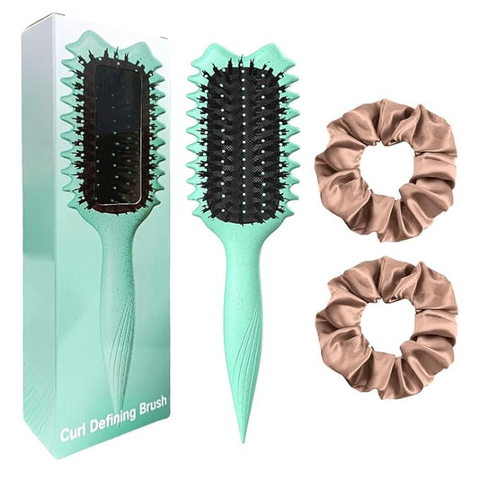 Curly Hair Brush Boar Bristles Curl Defining Brush With 2 Psc Silk Scrunchies Detangling Brush For Curly Hair Detangling Brush Styling Comb Curling Curling Brush (Green)