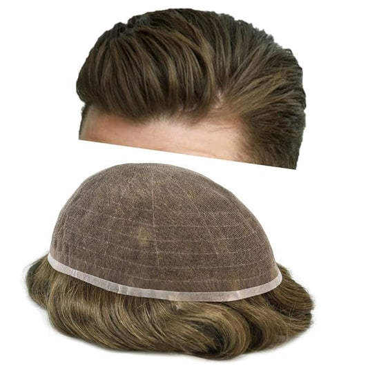 Toupee For Men Real Human Hair System For Men Full Swiss Lace Mens Toupee Lace Hair Piece For Men Hair System Bleached Knots 8x10-80% light density#610 6# LIGHT BROWN+10% GREY