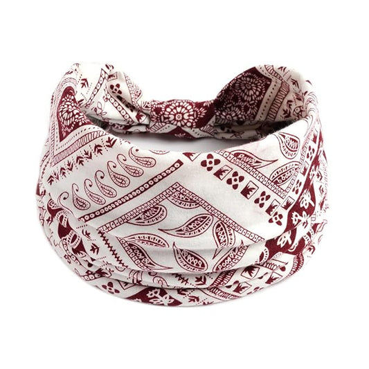 1 Pack Boho Headbands Stretch Paisley Print Bandana Headband Criss Cross Hair Bands Knotted Head Wrap Yoga Daily for Women and Girls (White red)